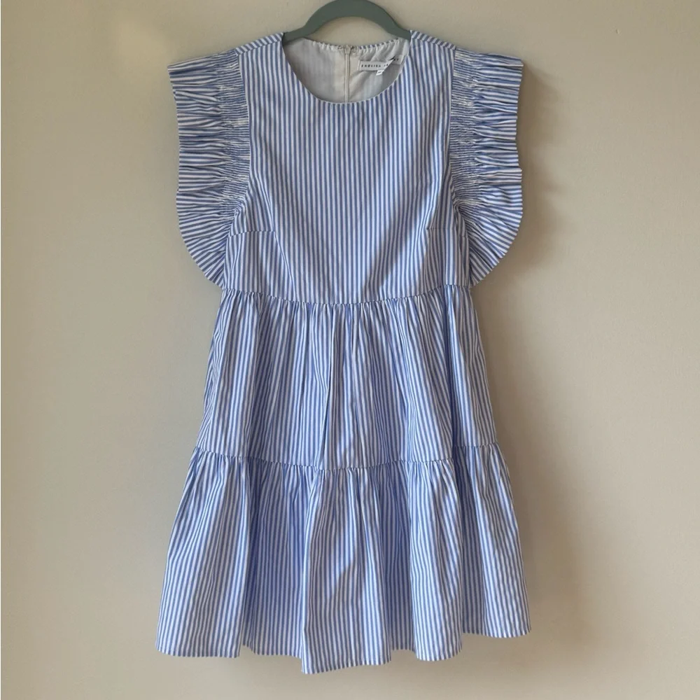 NWOT English Factory Size XS Blue White Striped Ruffle Sleeve Dress Short